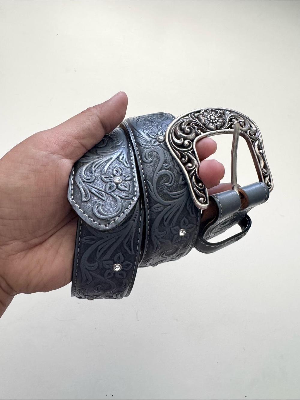 Justin Blue Tooled Floral Leather Belt size 34